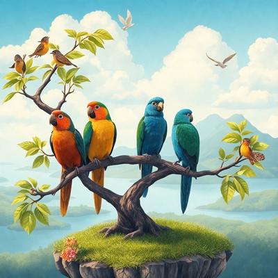 The primary subject of the image is a group of colorful birds perched on a tree branch. The birds are of various colors, creating a vibrant and lively scene. The setting is a lush green forest, with a mountain visible in the background. The visual style is a digital art or illustration, showcasing the artist's skill in creating a realistic and detailed image. The colors and mood of the image are bright, cheerful, and full of life, reflecting the beauty of nature and the joy of the birds' presence.